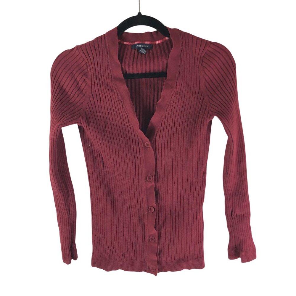 Lands End Womens Cardigan Sweater Button Front Ribbed Cotton Blend Burgundy S